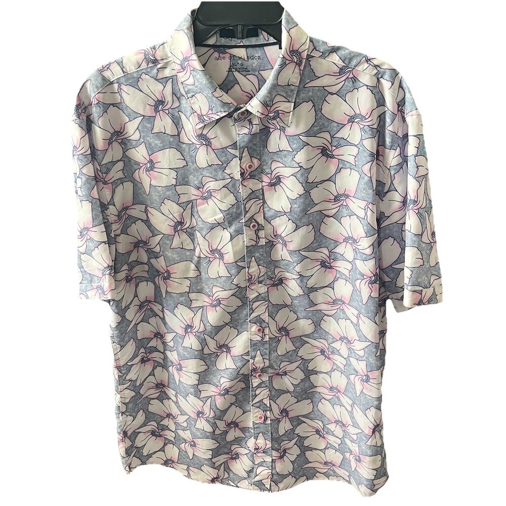 Age Of Wisdom Men’s Casual Hawaiian Short Sleeved Shirt Blue Floral Button Up XL